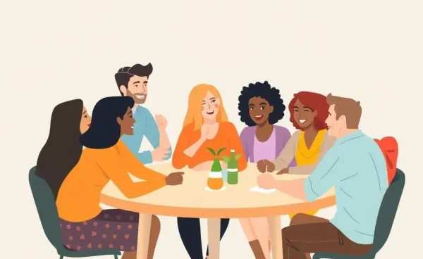 A group of diverse people having a friendly discussion around a table