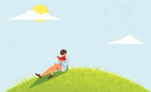 A serene scene of a person reading on a hill, soaking in the sun.
