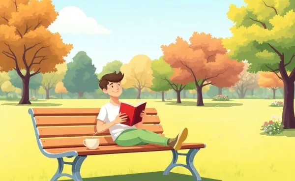 Person enjoying a sunny day in a park with a book and coffee
