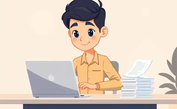 Cartoon of a young entrepreneur sitting at a desk with a laptop and a stack of invoices