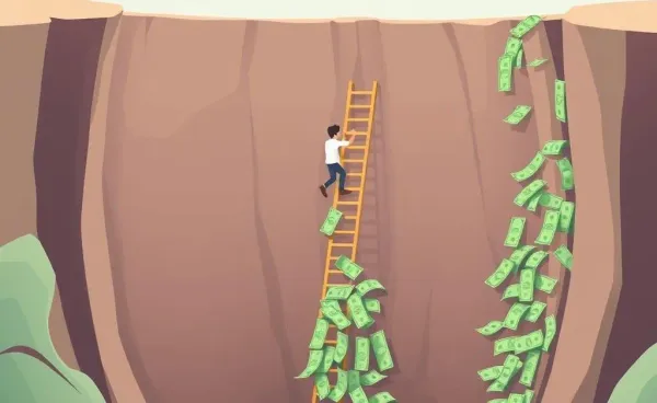 Person climbing out of debt with ladder made of money