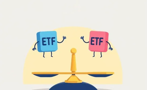 Cartoon-style image of ETFs on a scale symbolizing choice and balance.