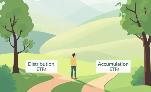 Illustration of two paths labeled 'Distribution ETFs' and 'Accumulation ETFs'