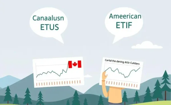 Illustration of someone analyzing ETF charts with a map showing Canada and the USA.
