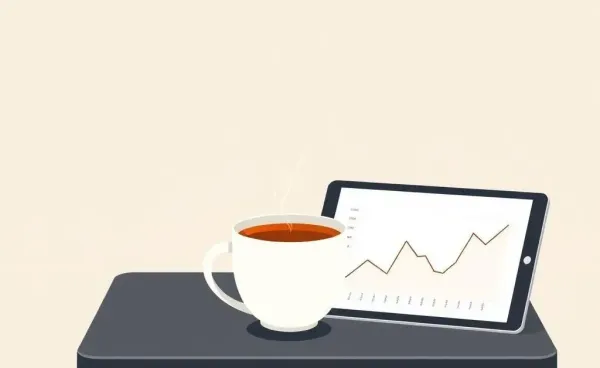 A comfortable desk setting with a tablet showing a graph.