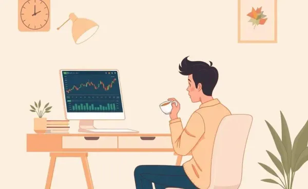 Person at a desk, sipping tea, analyzing stock graphs on a laptop.