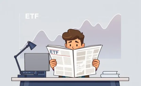 A cartoon of a person reading a financial newspaper with an ETF graph