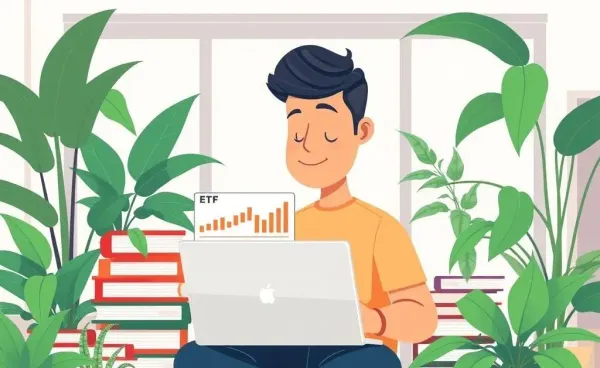 Person analyzing ETF graphs on a laptop surrounded by plants