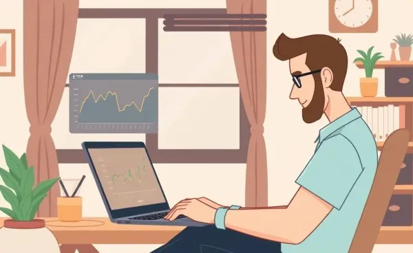 Person studying ETF graphs on a laptop in a home office