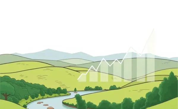 Scenic landscape with financial chart symbols representing ETFs