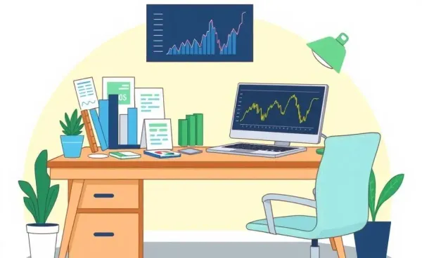 An illustration of a desk with investment charts and a laptop showing market trends.
