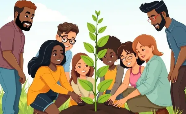 Cartoon of diverse people collaborating to plant a tree.