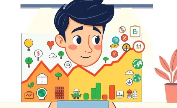 A cartoon illustration of ethical investing symbols like green energy and fair trade around a financial chart.