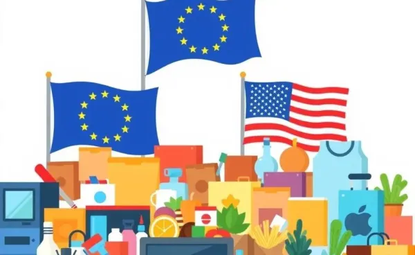 Illustration of goods with EU and US flags representing tariff changes.