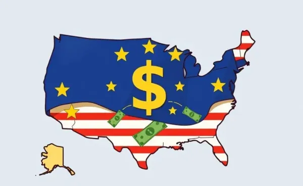 Illustration of EU flag interacting with US map and cash flow