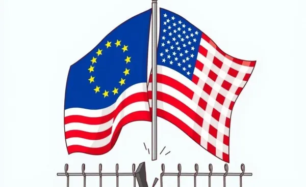 EU and US flags over a broken tariff barrier