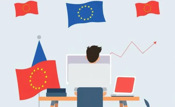 Cartoon of a person exploring trading platforms with European flair