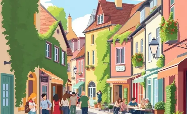 A cozy European village street on a leisurely day