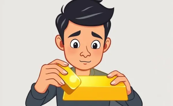 A person evaluating a gold bar in a thoughtful manner