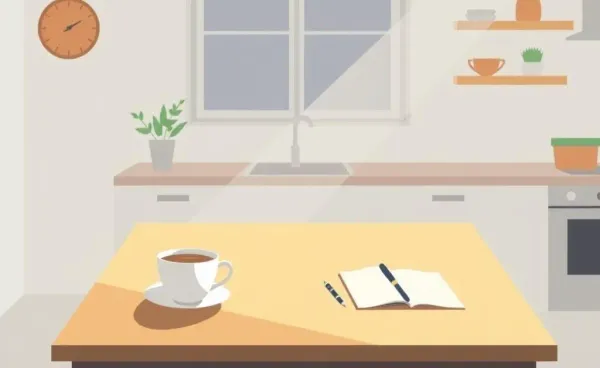 A calming kitchen table scene with coffee and a notebook set in warm sunlight.