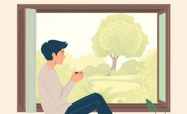 A person finds joy while enjoying a cup of tea by a scenic window.
