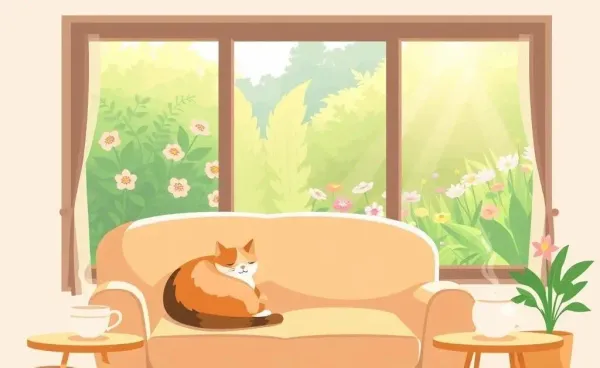 A cozy room with a tea cup and a cat by the window