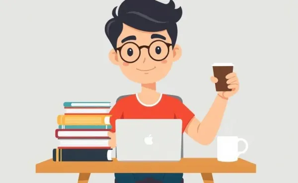 A person sitting at a desk, confidently studying with a stack of books and a cup of coffee