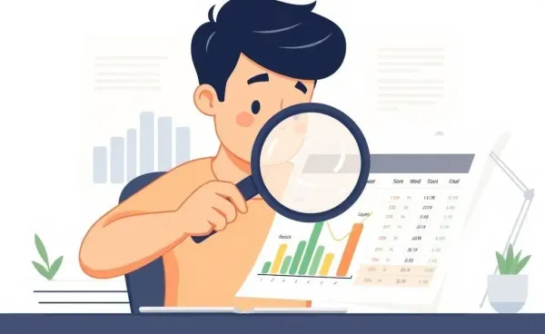 Person examining a budget spreadsheet with a magnifying glass