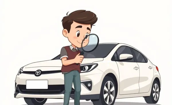 Person examining a car with a magnifying glass, representing diminished value.