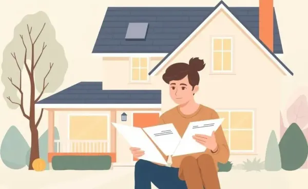 An illustration of a couple examining finances with a house in the background.