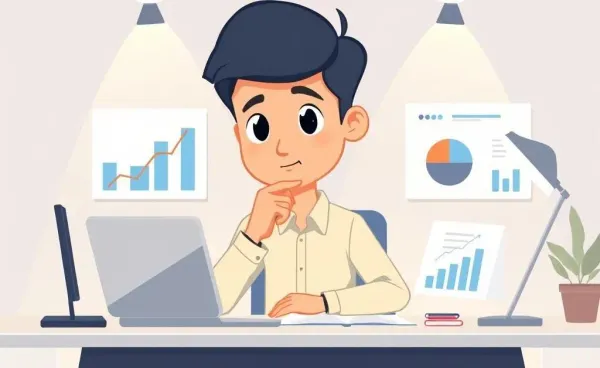 Cartoon illustration of a person examining investment charts at a desk