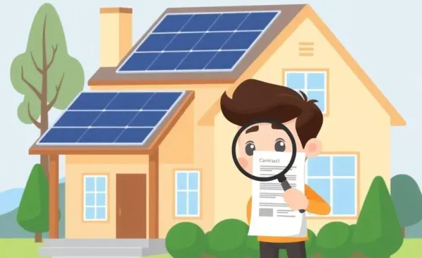 A person examining a solar panel contract with a house in the background.