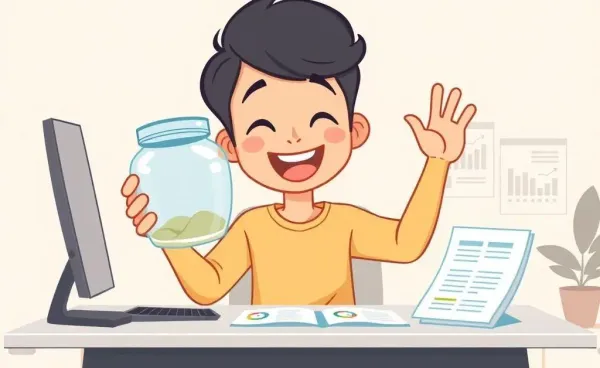A person joyfully saving money at a desk full of planning sheets