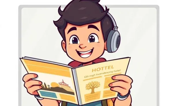 An excited traveler looking at a luxury hotel brochure