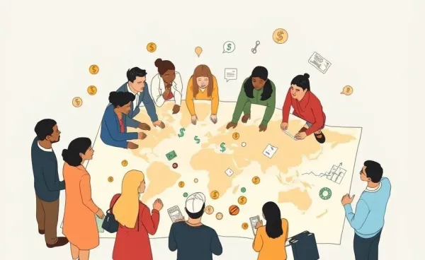 Diverse group examining a financial map with symbols