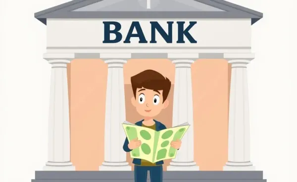A curious person holding a map in front of a bank, symbolizing exploration of banking basics.