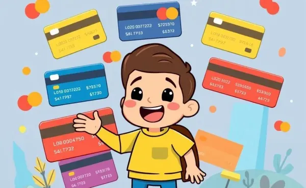 A friendly character surrounded by various credit card options