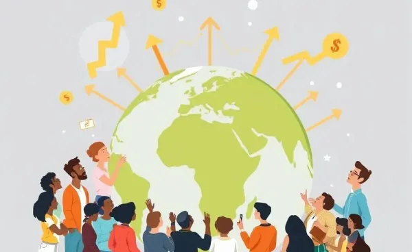 Cartoon of people exploring a globe with financial symbols