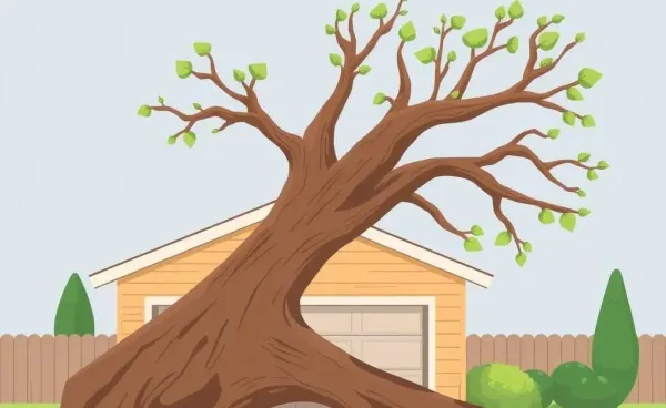 A large fallen tree on a garage in a cartoon style