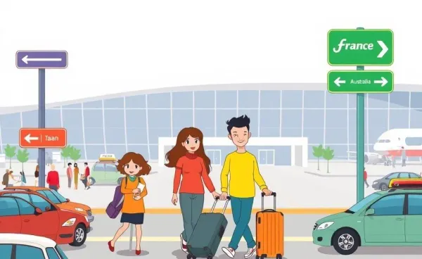 Family arriving at an airport with cars and suitcases