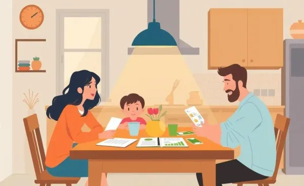 Family having a budget discussion around a kitchen table with a planner in view.