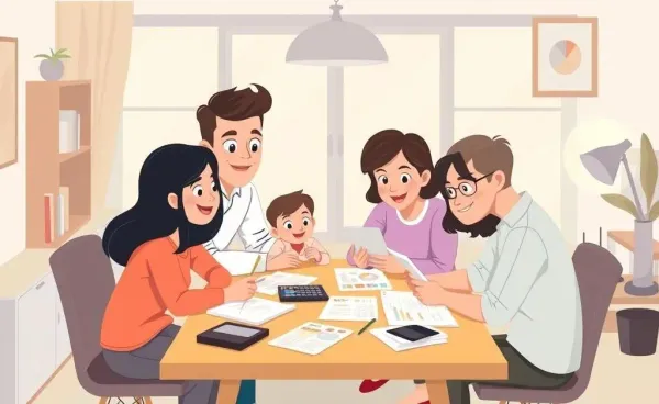 A family sitting at a table planning their budget with a calculator and papers