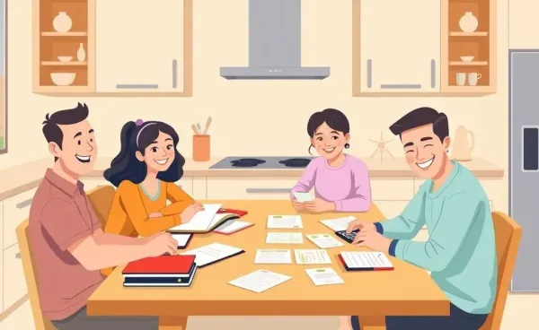 Family budgeting at a kitchen table with papers and a calculator