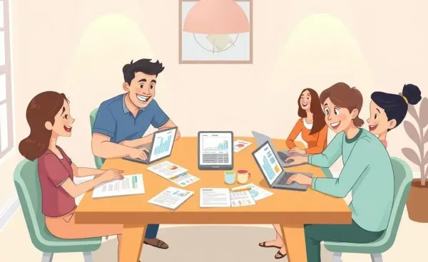 A family planning their budget at a table with laptops and papers