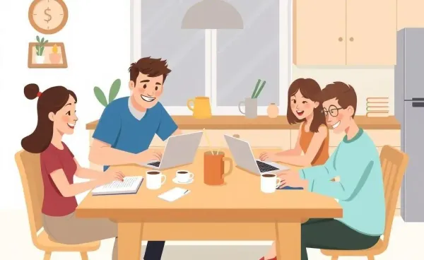 Family planning a household budget at the kitchen table