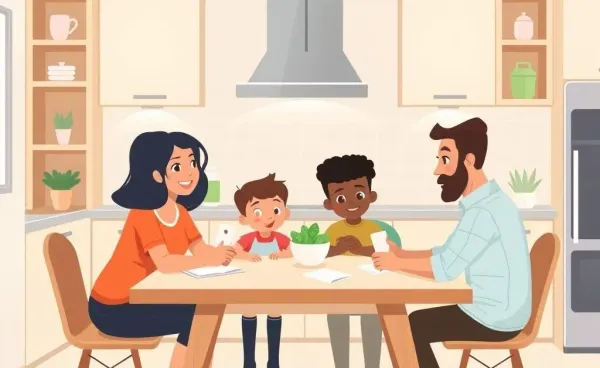A family budgeting at a kitchen table with a special needs child