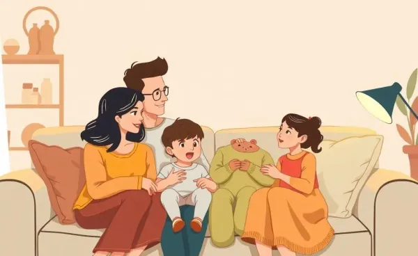 A family sitting together on a couch having an open-hearted conversation.