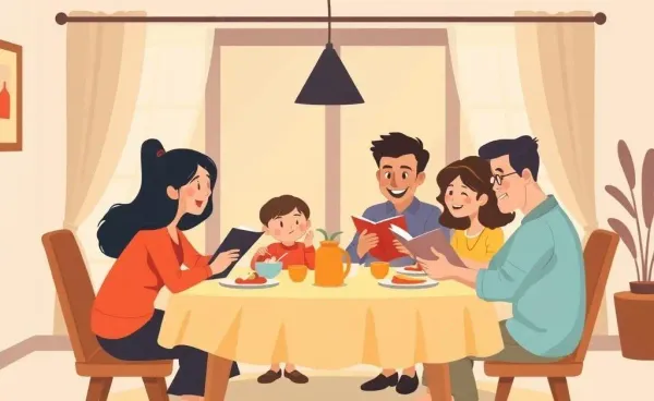 A family sharing stories at a dinner table