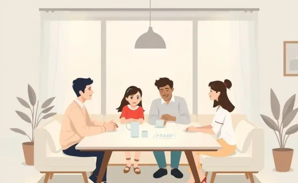 A family peacefully discussing life insurance policies at their dining table