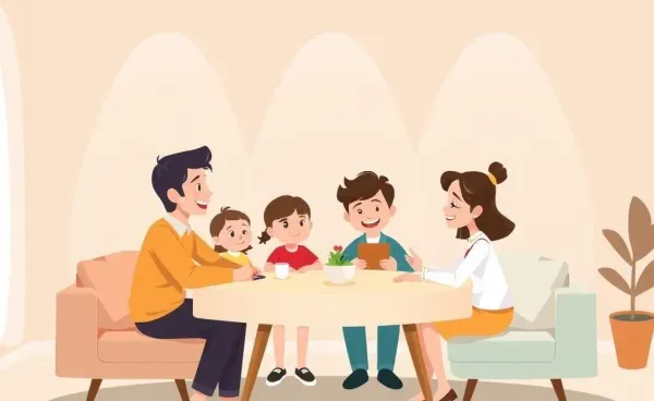 Family at a table discussing life insurance options